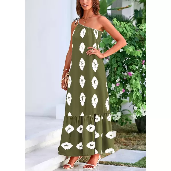 imagePRETTYGARDEN Womens Summer One Shoulder Spaghetti Strap Dresses Printed Flowy Boho Beach Maxi Long SundressArmy Green White Floral