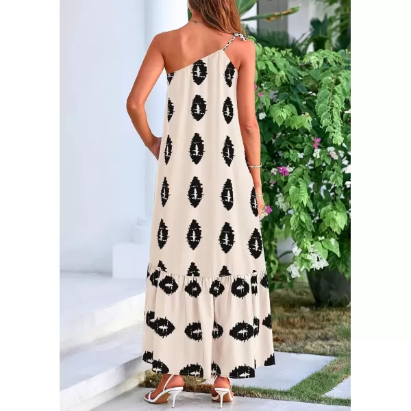 imagePRETTYGARDEN Womens Summer One Shoulder Spaghetti Strap Dresses Printed Flowy Boho Beach Maxi Long SundressBeige Black Floral