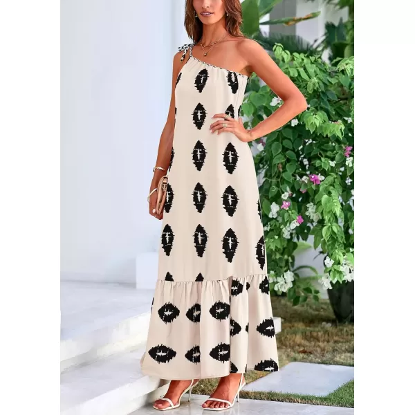 imagePRETTYGARDEN Womens Summer One Shoulder Spaghetti Strap Dresses Printed Flowy Boho Beach Maxi Long SundressBeige Black Floral
