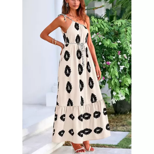 imagePRETTYGARDEN Womens Summer One Shoulder Spaghetti Strap Dresses Printed Flowy Boho Beach Maxi Long SundressBeige Black Floral