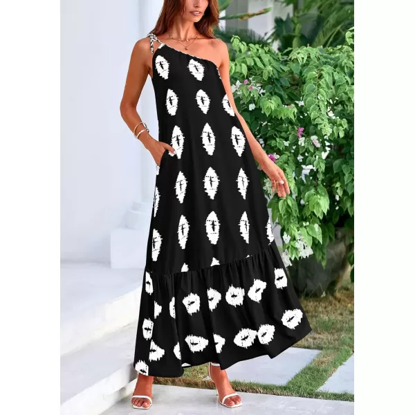 imagePRETTYGARDEN Womens Summer One Shoulder Spaghetti Strap Dresses Printed Flowy Boho Beach Maxi Long SundressBlack White Floral