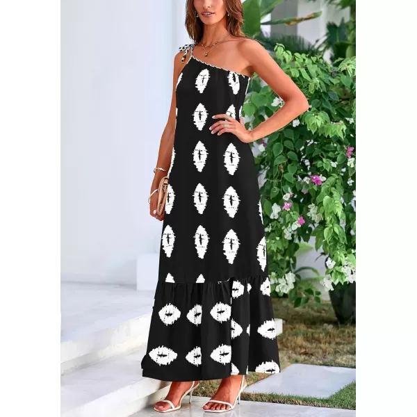 imagePRETTYGARDEN Womens Summer One Shoulder Spaghetti Strap Dresses Printed Flowy Boho Beach Maxi Long SundressBlack White Floral