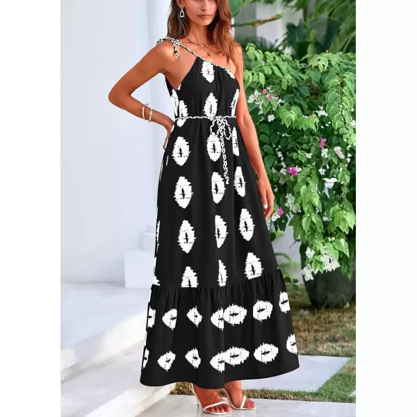 imagePRETTYGARDEN Womens Summer One Shoulder Spaghetti Strap Dresses Printed Flowy Boho Beach Maxi Long SundressBlack White Floral
