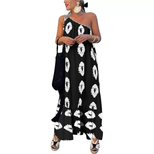 imagePRETTYGARDEN Womens Summer One Shoulder Spaghetti Strap Dresses Printed Flowy Boho Beach Maxi Long SundressBlack White Floral