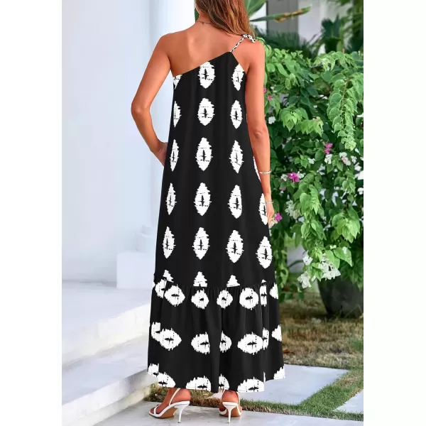 imagePRETTYGARDEN Womens Summer One Shoulder Spaghetti Strap Dresses Printed Flowy Boho Beach Maxi Long SundressBlack White Floral