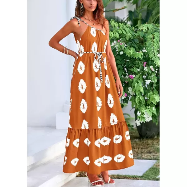 imagePRETTYGARDEN Womens Summer One Shoulder Spaghetti Strap Dresses Printed Flowy Boho Beach Maxi Long SundressBrick Red White Floral