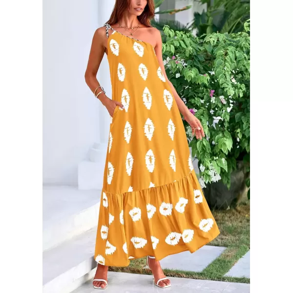imagePRETTYGARDEN Womens Summer One Shoulder Spaghetti Strap Dresses Printed Flowy Boho Beach Maxi Long SundressTurmeric White Floral