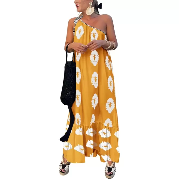 imagePRETTYGARDEN Womens Summer One Shoulder Spaghetti Strap Dresses Printed Flowy Boho Beach Maxi Long SundressTurmeric White Floral