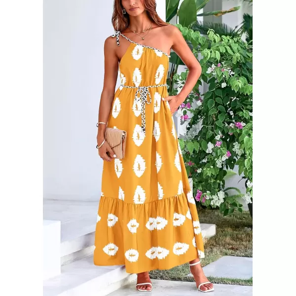 imagePRETTYGARDEN Womens Summer One Shoulder Spaghetti Strap Dresses Printed Flowy Boho Beach Maxi Long SundressTurmeric White Floral