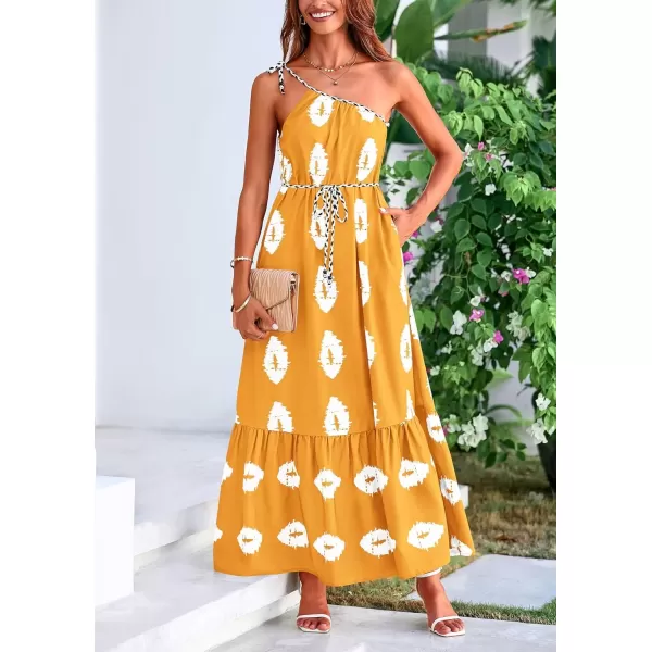 imagePRETTYGARDEN Womens Summer One Shoulder Spaghetti Strap Dresses Printed Flowy Boho Beach Maxi Long SundressTurmeric White Floral