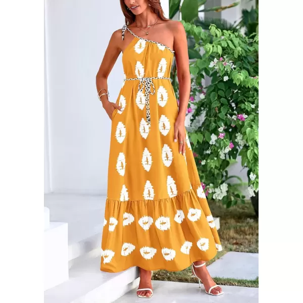 imagePRETTYGARDEN Womens Summer One Shoulder Spaghetti Strap Dresses Printed Flowy Boho Beach Maxi Long SundressTurmeric White Floral