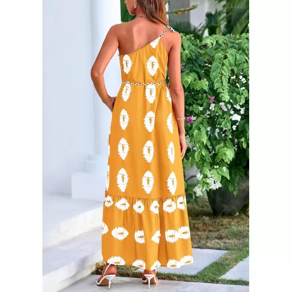 imagePRETTYGARDEN Womens Summer One Shoulder Spaghetti Strap Dresses Printed Flowy Boho Beach Maxi Long SundressTurmeric White Floral