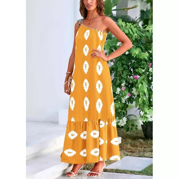 imagePRETTYGARDEN Womens Summer One Shoulder Spaghetti Strap Dresses Printed Flowy Boho Beach Maxi Long SundressTurmeric White Floral