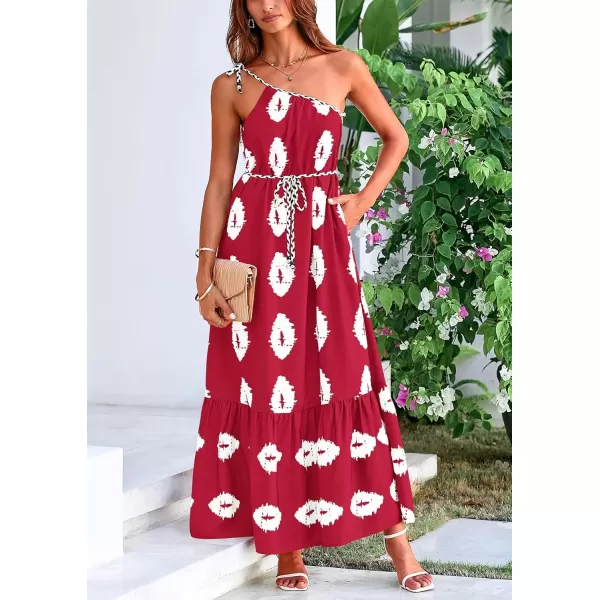 imagePRETTYGARDEN Womens Summer One Shoulder Spaghetti Strap Dresses Printed Flowy Boho Beach Maxi Long SundressWine Red White Floral