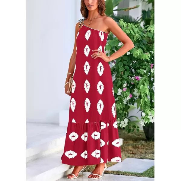 imagePRETTYGARDEN Womens Summer One Shoulder Spaghetti Strap Dresses Printed Flowy Boho Beach Maxi Long SundressWine Red White Floral