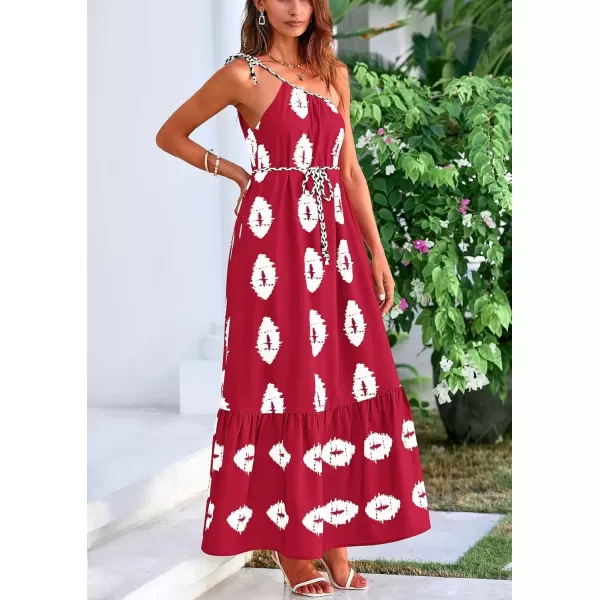 imagePRETTYGARDEN Womens Summer One Shoulder Spaghetti Strap Dresses Printed Flowy Boho Beach Maxi Long SundressWine Red White Floral