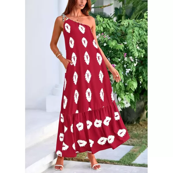 imagePRETTYGARDEN Womens Summer One Shoulder Spaghetti Strap Dresses Printed Flowy Boho Beach Maxi Long SundressWine Red White Floral