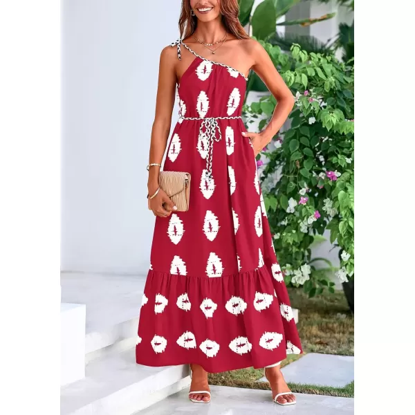 imagePRETTYGARDEN Womens Summer One Shoulder Spaghetti Strap Dresses Printed Flowy Boho Beach Maxi Long SundressWine Red White Floral