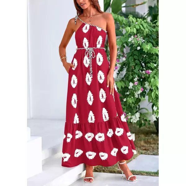 imagePRETTYGARDEN Womens Summer One Shoulder Spaghetti Strap Dresses Printed Flowy Boho Beach Maxi Long SundressWine Red White Floral