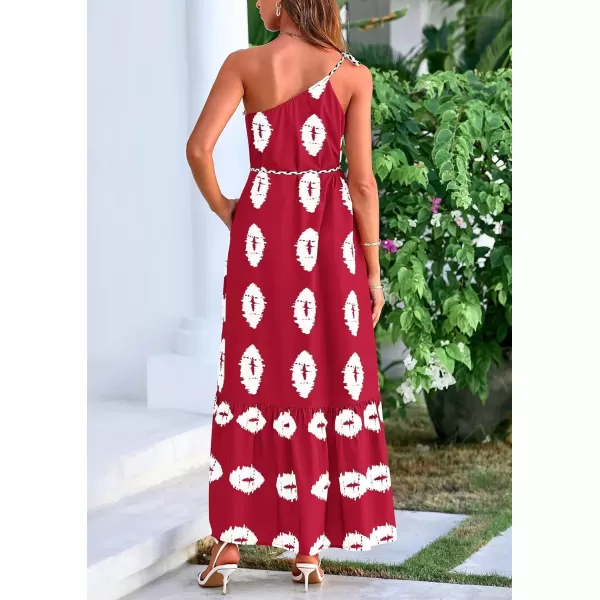 imagePRETTYGARDEN Womens Summer One Shoulder Spaghetti Strap Dresses Printed Flowy Boho Beach Maxi Long SundressWine Red White Floral