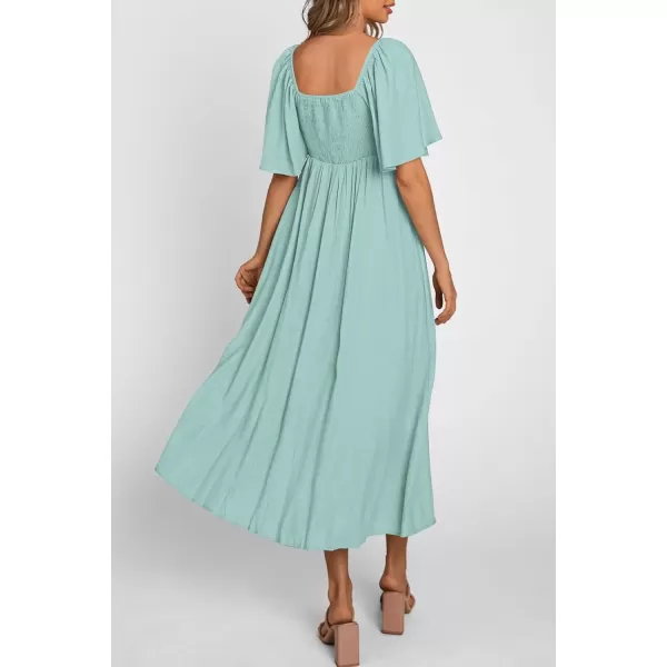 imagePRETTYGARDEN Summer Dress for Women 2024 Casual Short Sleeve Bow Tie V Neck Ruffle Midi Flowy DressesAqua Green