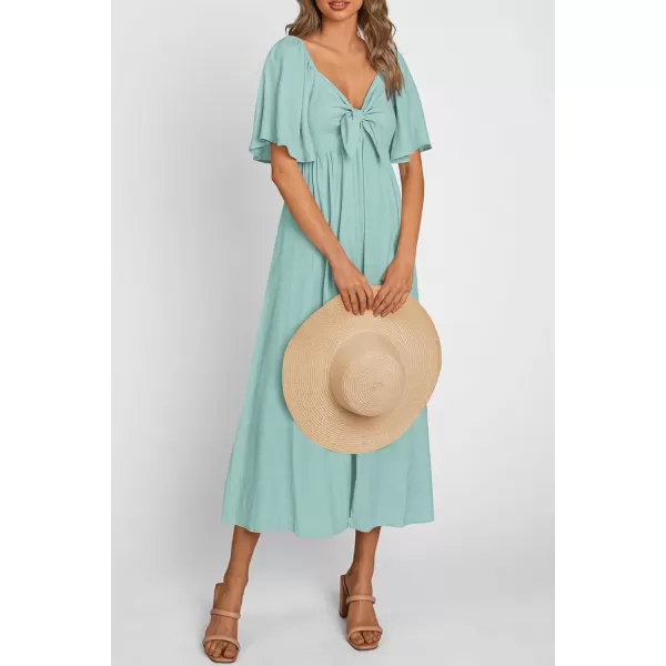 imagePRETTYGARDEN Summer Dress for Women 2024 Casual Short Sleeve Bow Tie V Neck Ruffle Midi Flowy DressesAqua Green