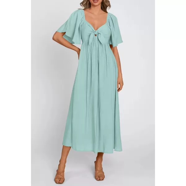 imagePRETTYGARDEN Summer Dress for Women 2024 Casual Short Sleeve Bow Tie V Neck Ruffle Midi Flowy DressesAqua Green
