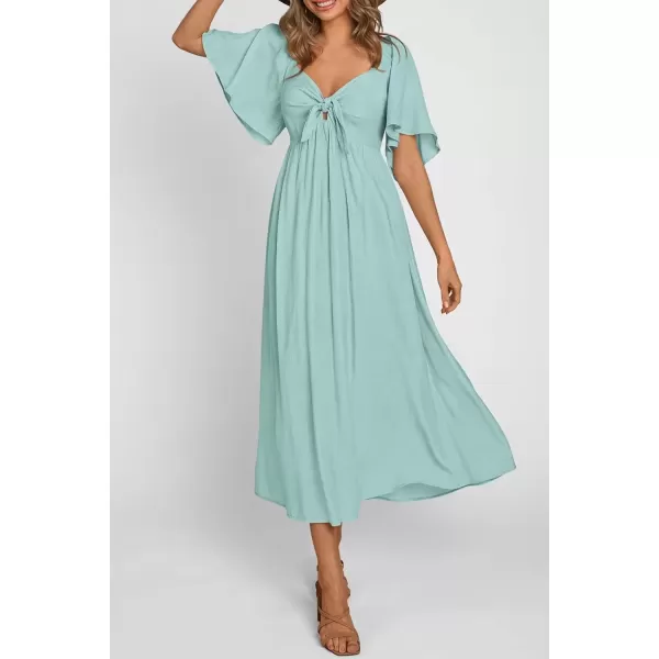 imagePRETTYGARDEN Summer Dress for Women 2024 Casual Short Sleeve Bow Tie V Neck Ruffle Midi Flowy DressesAqua Green