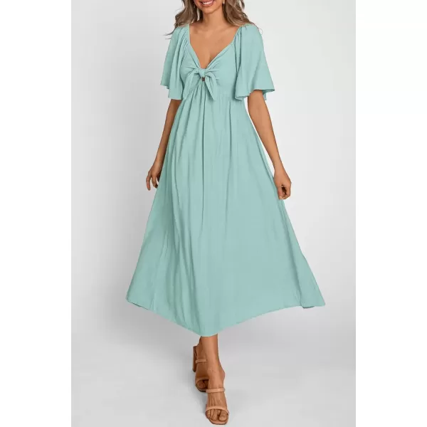 imagePRETTYGARDEN Summer Dress for Women 2024 Casual Short Sleeve Bow Tie V Neck Ruffle Midi Flowy DressesAqua Green