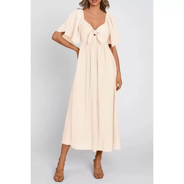 imagePRETTYGARDEN Summer Dress for Women 2024 Casual Short Sleeve Bow Tie V Neck Ruffle Midi Flowy DressesBeige