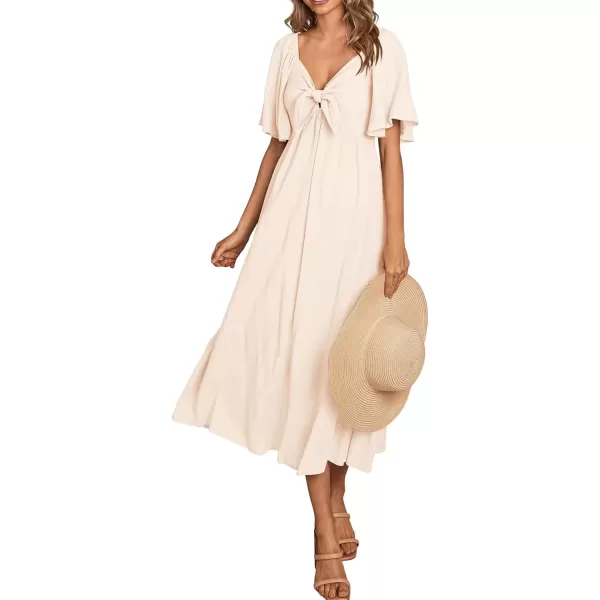 imagePRETTYGARDEN Summer Dress for Women 2024 Casual Short Sleeve Bow Tie V Neck Ruffle Midi Flowy DressesBeige