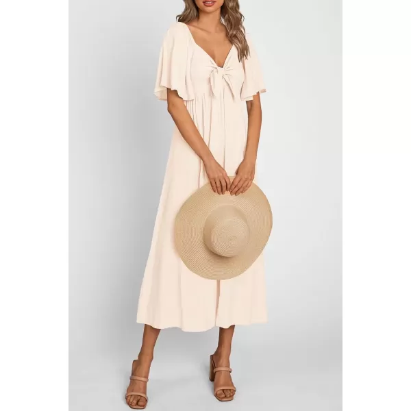 imagePRETTYGARDEN Summer Dress for Women 2024 Casual Short Sleeve Bow Tie V Neck Ruffle Midi Flowy DressesBeige