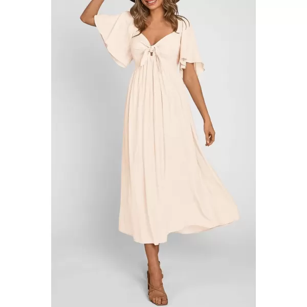 imagePRETTYGARDEN Summer Dress for Women 2024 Casual Short Sleeve Bow Tie V Neck Ruffle Midi Flowy DressesBeige
