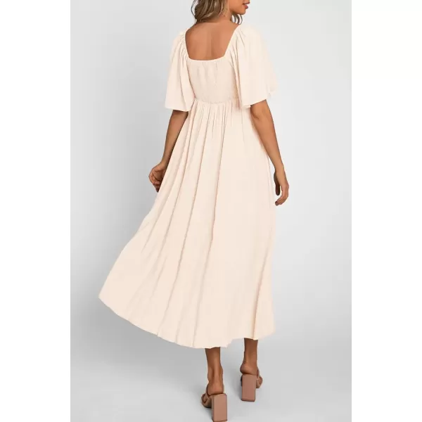 imagePRETTYGARDEN Summer Dress for Women 2024 Casual Short Sleeve Bow Tie V Neck Ruffle Midi Flowy DressesBeige