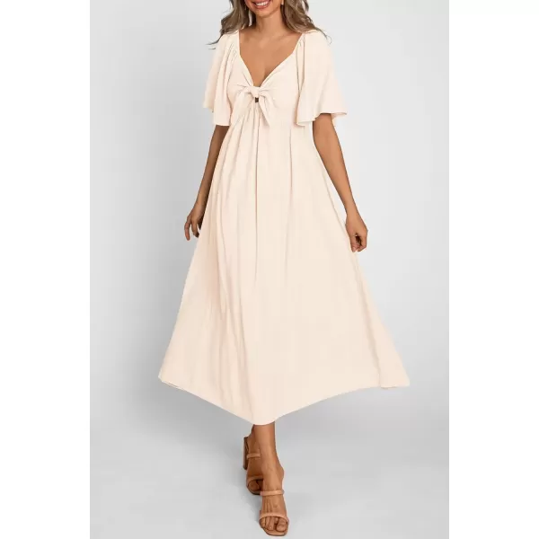 imagePRETTYGARDEN Summer Dress for Women 2024 Casual Short Sleeve Bow Tie V Neck Ruffle Midi Flowy DressesBeige