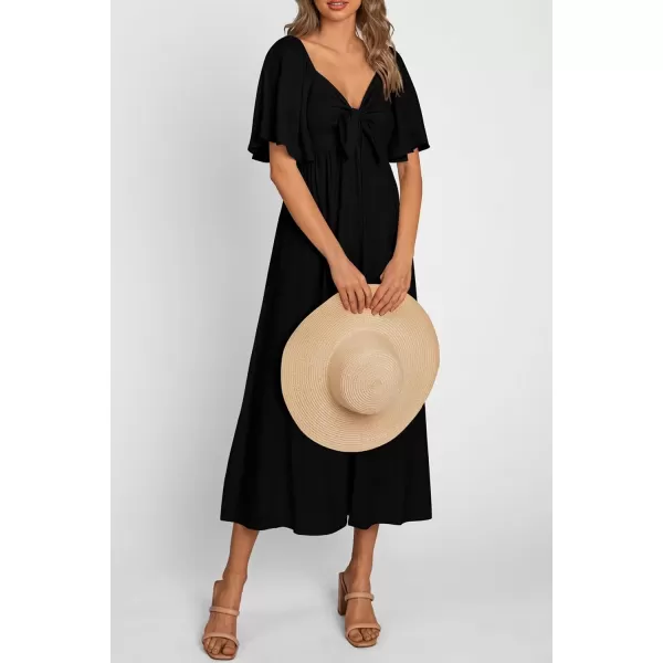 imagePRETTYGARDEN Summer Dress for Women 2024 Casual Short Sleeve Bow Tie V Neck Ruffle Midi Flowy DressesBlack