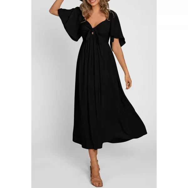 imagePRETTYGARDEN Summer Dress for Women 2024 Casual Short Sleeve Bow Tie V Neck Ruffle Midi Flowy DressesBlack
