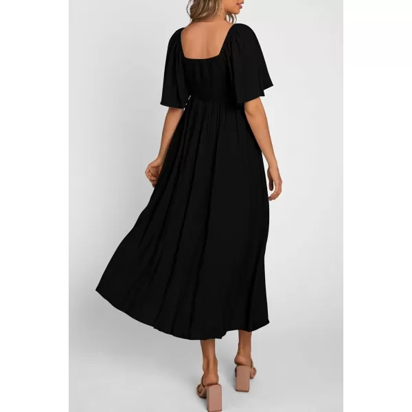 imagePRETTYGARDEN Summer Dress for Women 2024 Casual Short Sleeve Bow Tie V Neck Ruffle Midi Flowy DressesBlack