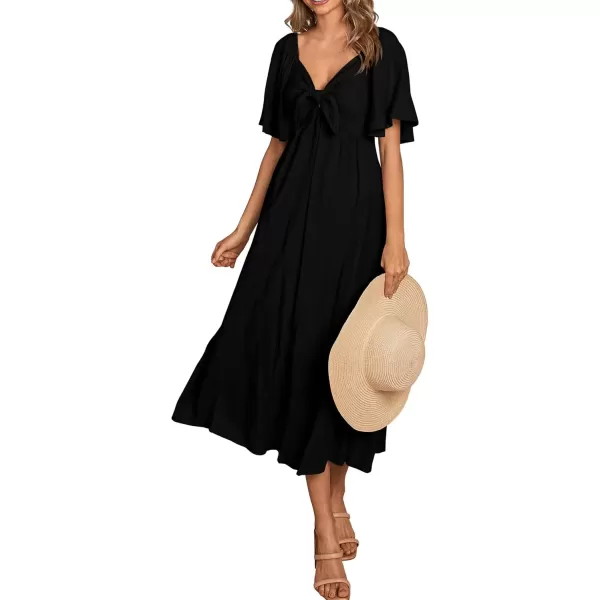 imagePRETTYGARDEN Summer Dress for Women 2024 Casual Short Sleeve Bow Tie V Neck Ruffle Midi Flowy DressesBlack
