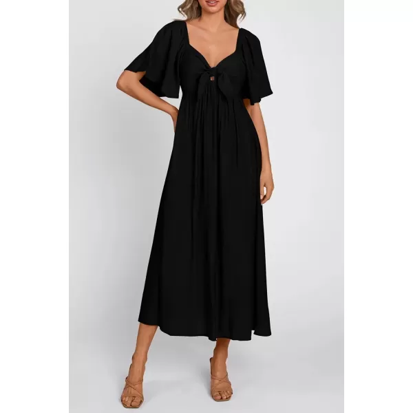 imagePRETTYGARDEN Summer Dress for Women 2024 Casual Short Sleeve Bow Tie V Neck Ruffle Midi Flowy DressesBlack