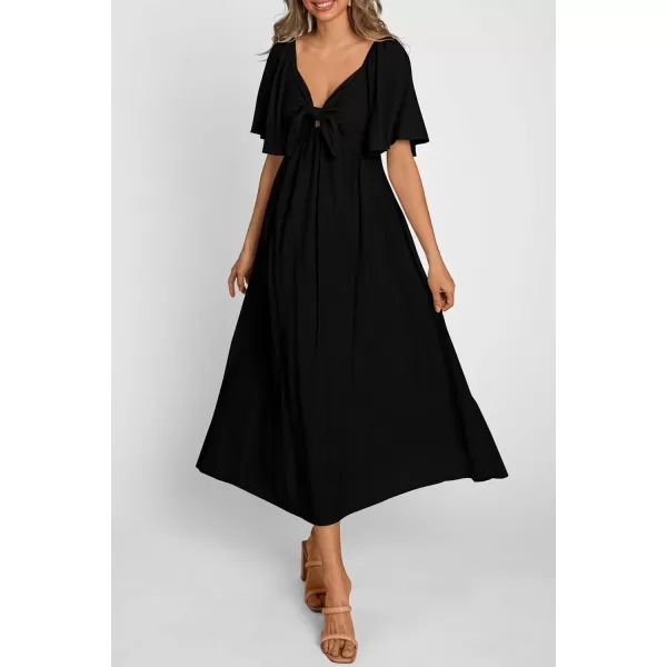 imagePRETTYGARDEN Summer Dress for Women 2024 Casual Short Sleeve Bow Tie V Neck Ruffle Midi Flowy DressesBlack