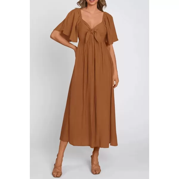 imagePRETTYGARDEN Summer Dress for Women 2024 Casual Short Sleeve Bow Tie V Neck Ruffle Midi Flowy DressesBrown