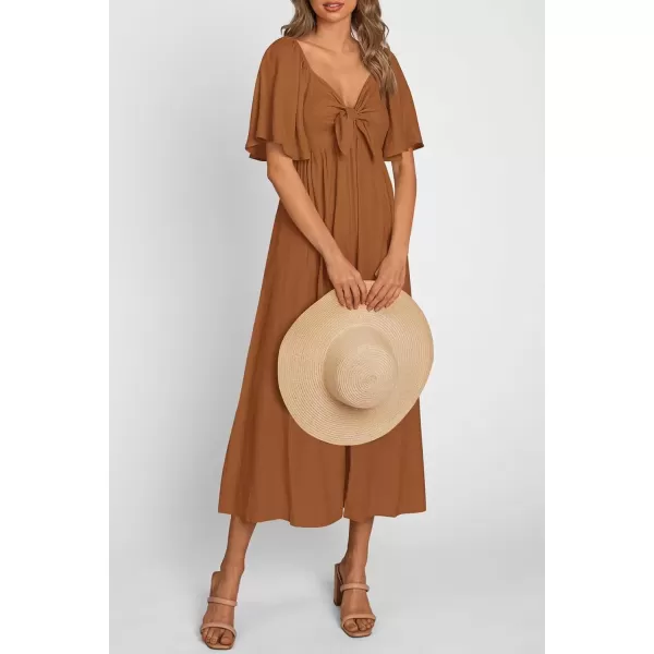 imagePRETTYGARDEN Summer Dress for Women 2024 Casual Short Sleeve Bow Tie V Neck Ruffle Midi Flowy DressesBrown