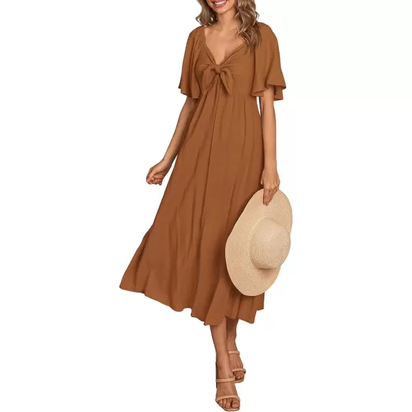 imagePRETTYGARDEN Summer Dress for Women 2024 Casual Short Sleeve Bow Tie V Neck Ruffle Midi Flowy DressesBrown