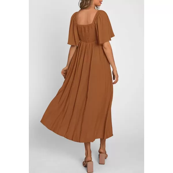 imagePRETTYGARDEN Summer Dress for Women 2024 Casual Short Sleeve Bow Tie V Neck Ruffle Midi Flowy DressesBrown