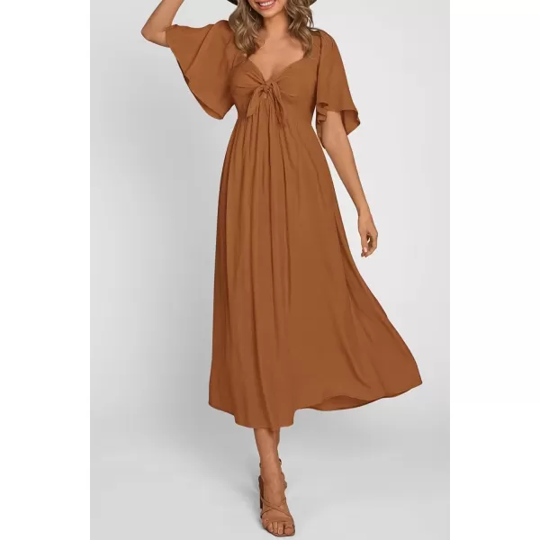 imagePRETTYGARDEN Summer Dress for Women 2024 Casual Short Sleeve Bow Tie V Neck Ruffle Midi Flowy DressesBrown