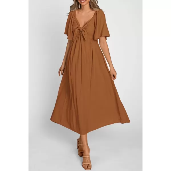 imagePRETTYGARDEN Summer Dress for Women 2024 Casual Short Sleeve Bow Tie V Neck Ruffle Midi Flowy DressesBrown