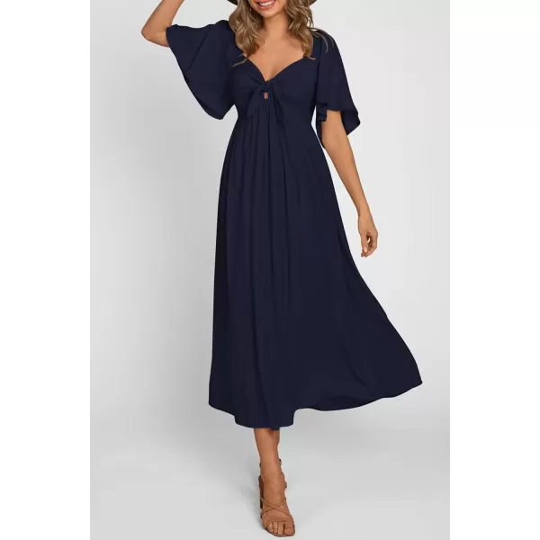 imagePRETTYGARDEN Summer Dress for Women 2024 Casual Short Sleeve Bow Tie V Neck Ruffle Midi Flowy DressesDark Blue