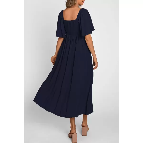 imagePRETTYGARDEN Summer Dress for Women 2024 Casual Short Sleeve Bow Tie V Neck Ruffle Midi Flowy DressesDark Blue