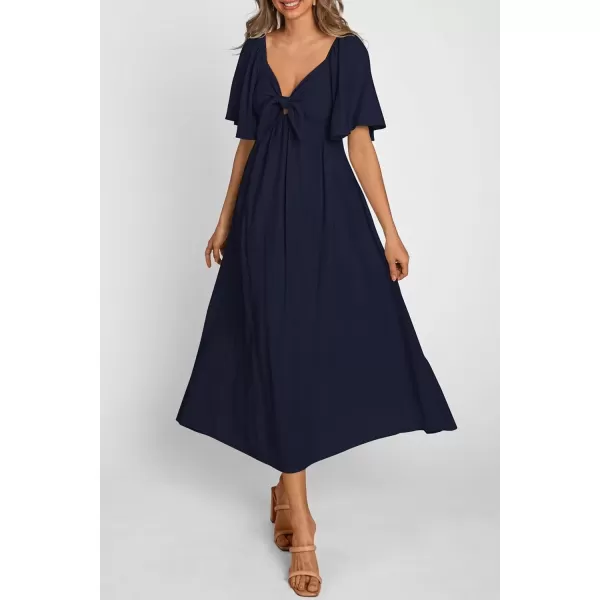 imagePRETTYGARDEN Summer Dress for Women 2024 Casual Short Sleeve Bow Tie V Neck Ruffle Midi Flowy DressesDark Blue